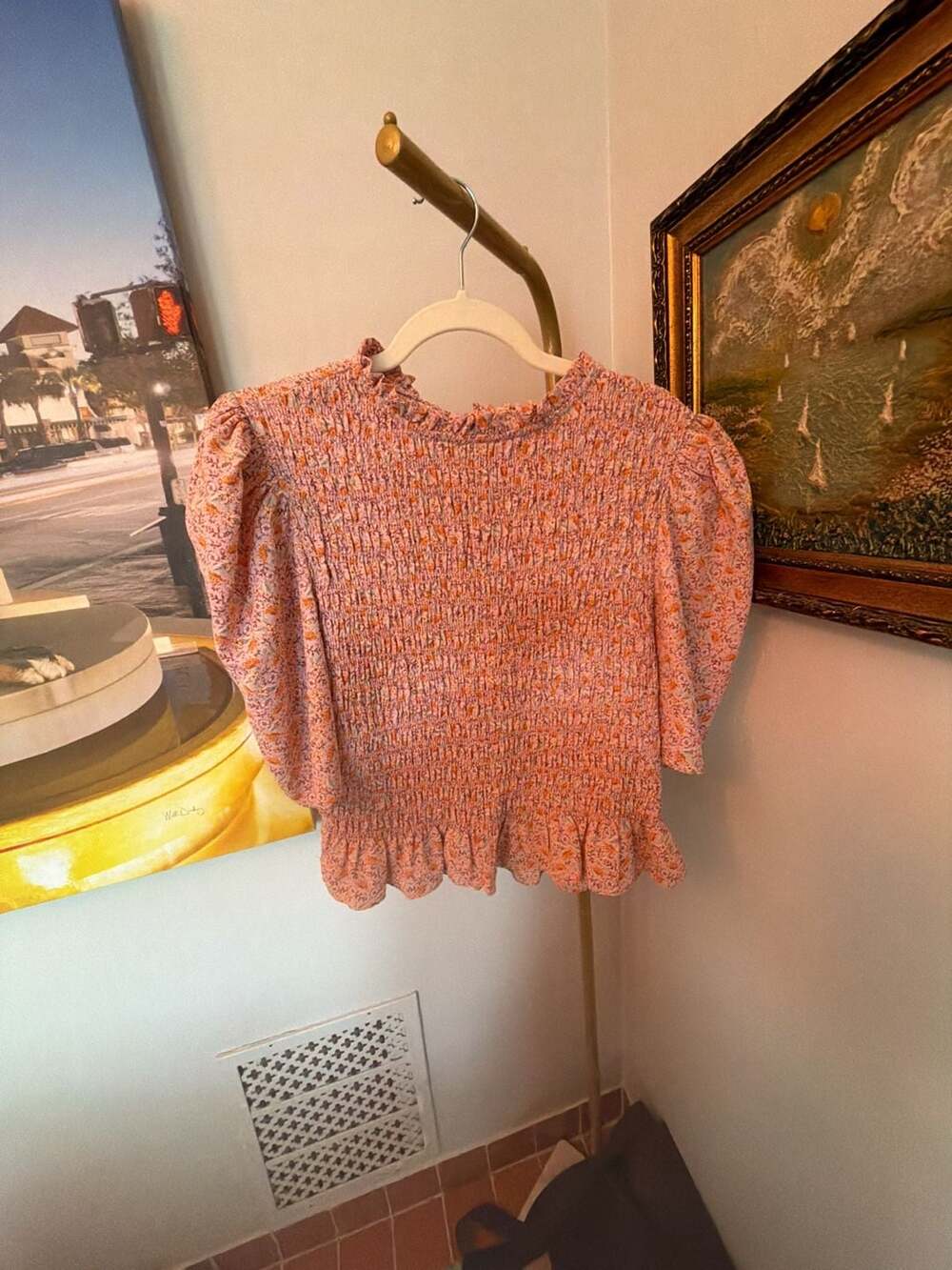 WAYF Women Pink Orange Floral Smocked Puff Sleeve Peplum Top Size XL